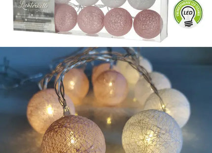 10er LED Baumwollkugel-Lichterkette, Weiß & Rosa, 300cm, Ø 6cm TK Gruppe® Grosshandel 