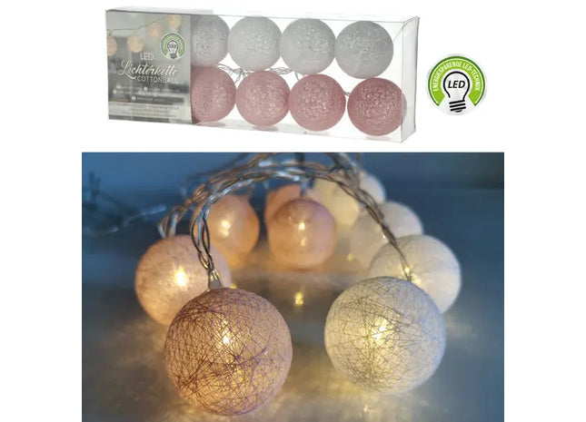 10er LED Baumwollkugel-Lichterkette, Weiß & Rosa, 300cm, Ø 6cm TK Gruppe® Grosshandel 