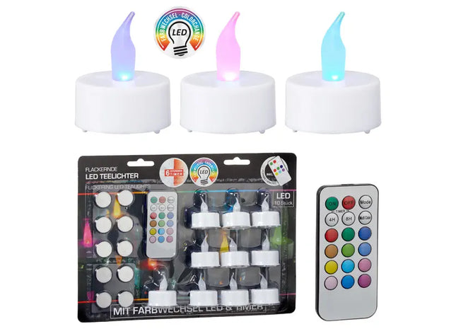 10er-Set LED Teelichter Farbwechsel mit Fernbedienung, batteriebetrieben, 4cm Durchmesser TK Gruppe® Grosshandel 
