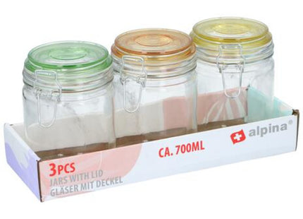 Set mit 3 Glasbehältern mit bunten Deckeln - Aufbewahrungsgläser für Küchenorganisation und Lebensmittelkonservierung TK Gruppe® Grosshandel 