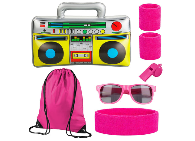 5 in 1 - Retro pink Set mit Stirnband & Ghettoblaster uvm. - als Accessoire Vokuhila Kostüm zu Retro neon 80er 90er Fasching & Karneval