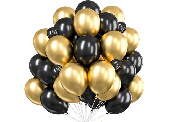 50x Luftballons Mix gold & schwarz - 100 % Bio - für Deko & Party an Silvester & Neujahr für Helium & Luft
