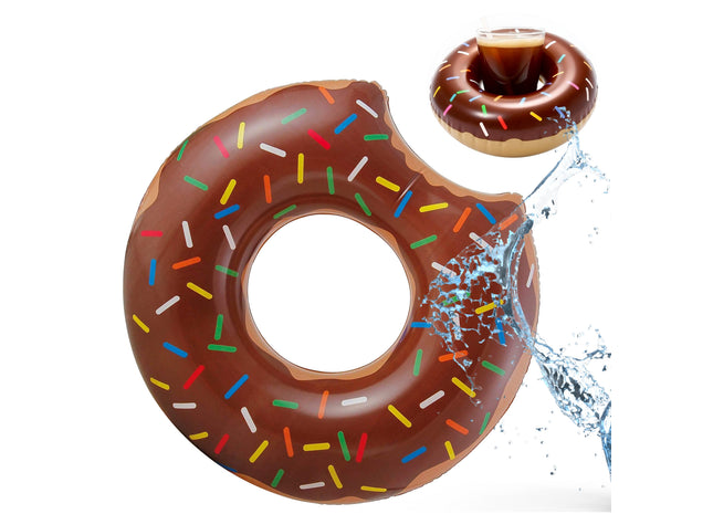 Aufblasbar angebissener Donut braun Ø 120 cm Schwimmring Schwimmreifen - Pool & Wasser mit Getränkehalter für Kinder & Erwachsene (Brauner Donut)