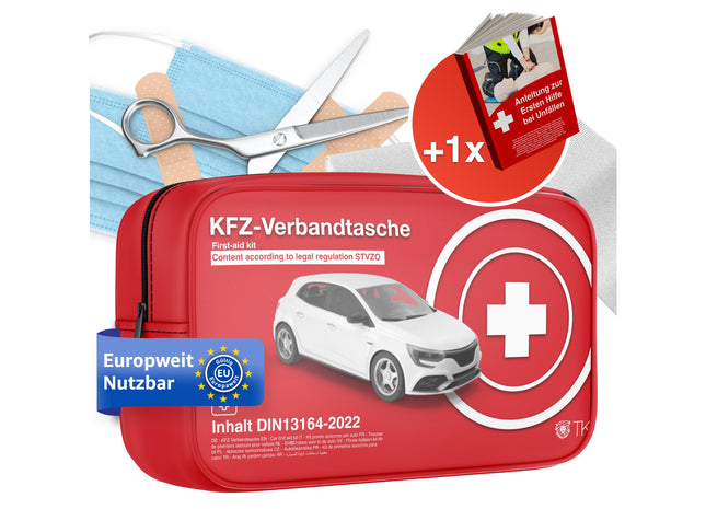 Auto Verbandskasten - Neue Norm 2025 für Tüv geprüft - zertifiziert DIN 13164 - STVO & 2x Maske Erste Hilfe KFZ Verbandstasche Kit First Aid