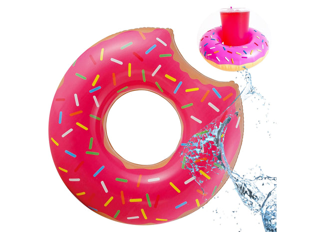 Aufblasbar angebissener Donut pink Ø 120 cm Schwimmring Schwimmreifen - Pool & Wasser mit Getränkehalter für Kinder & Erwachsene (Pinker Donut)