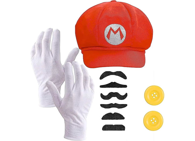 2 in 1 - Set Super Mario Kostüm mit Handschuhen, Schnurrbart, Mütze, Knöpfen als Kostüm für Fasching & Karneval