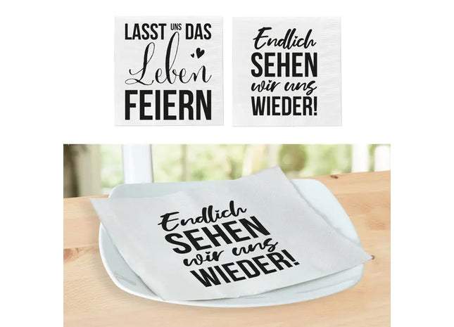 20er-Pack Servietten mit Sprüchen, 4 Zoll, 2 Designs – Ideal für Events TK Gruppe® Grosshandel 
