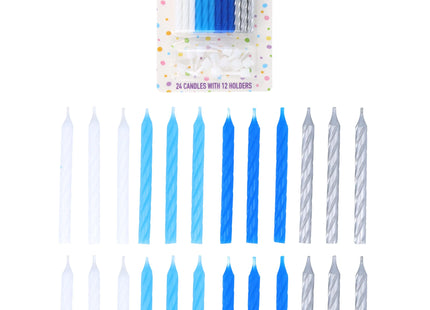 24 Partykerzen 6cm in Blau, Weiß & Silber, 4 Farben, inkl. 12 Kerzenhalter TK Gruppe® Grosshandel 