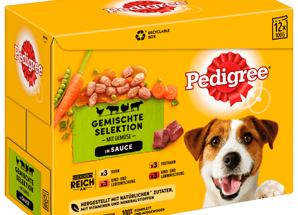 Pedigree Portionsbeutel Multipack Adult 4 Varietäten in Sauce mit Huhn, Rind+Leber, Truthahn, Rind+Lamm 12x100g