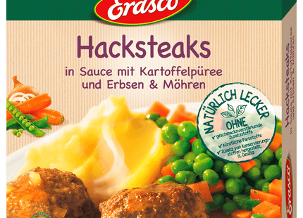 Erasco Hacksteaks in Sauce mit Kartoffelpüree und Erbsen und Möhren 480g