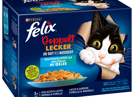 Purina Felix So gut wie es aussieht Doppelt lecker Geschmacksvielfalt aus dem Wasser in Gelee 12x85g