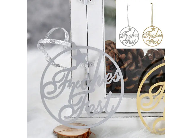 2er Set Große Metallhänger Frohes Fest, Ca. 9 cm Durchmesser – Festliche Deko TK Gruppe® Grosshandel 