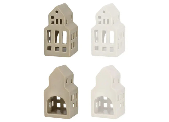 2er Set Keramikhaus Teelichthalter, 11,5 cm Hoch, Charmante Mini-Kerzenhäuser TK Gruppe® Grosshandel 