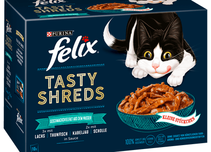 Purina Felix Tasty Shreds Geschmacksvielfalt aus dem Wasser in einer köstlichen Sauce 10x80g