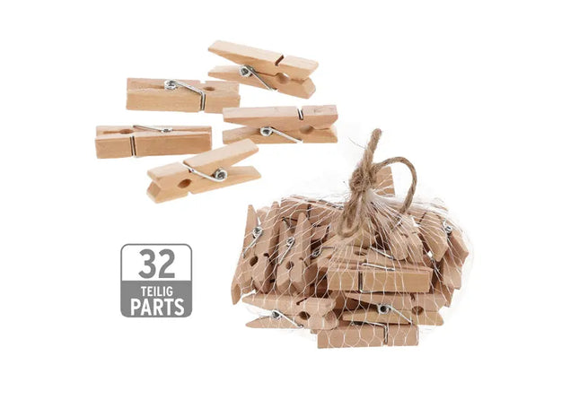32 Holzklammern im Netz, 1x3,5cm - Vielseitig und Praktisch TK Gruppe® Grosshandel 