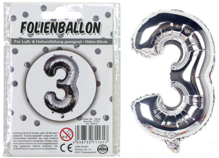 Silberner Folienballon in Ziffer 3 Form, 80cm - Großformatig TK Gruppe® Grosshandel 