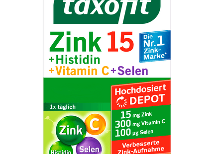 Taxofit Zink 15 +Histidin + Vitamin C + Selen 40 vegan 31,5g, Tabletten