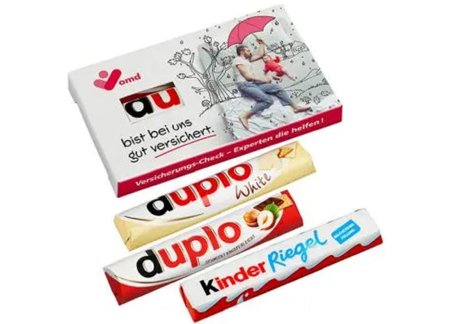3er Duplo & Kinderriegel Pack im Werbeschieber mit Sichtfenster – Personalisiert TK Gruppe® Grosshandel 