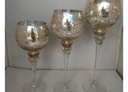 3er Set Champagnerfarbene Windlichter auf Fuß mit Crackle-Effekt für stilvolle Beleuchtung TK Gruppe® Grosshandel 