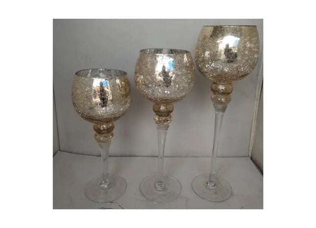 3er Set Champagnerfarbene Windlichter auf Fuß mit Crackle-Effekt für stilvolle Beleuchtung TK Gruppe® Grosshandel 