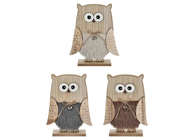 3er Set Große Eulenstatuen aus Holz auf Standfuß, 32cm Höhe TK Gruppe® Grosshandel 