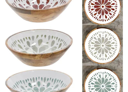 3er Set Große Mangoholz-Schalen mit Emaille und Mandala-Design, Ø ca. 35cm TK Gruppe® Grosshandel 