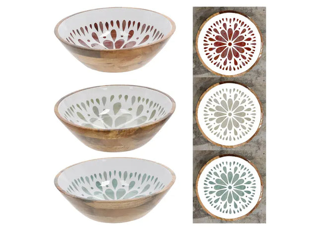 3er Set Große Mangoholz-Schalen mit Emaille und Mandala-Design, Ø ca. 35cm TK Gruppe® Grosshandel 