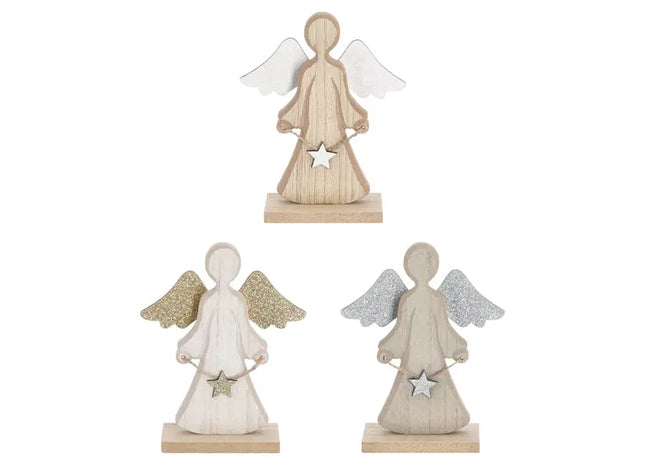 3er Set Holzengel auf Standfuß mit Glitzer, 16 cm Höhe TK Gruppe® Grosshandel 