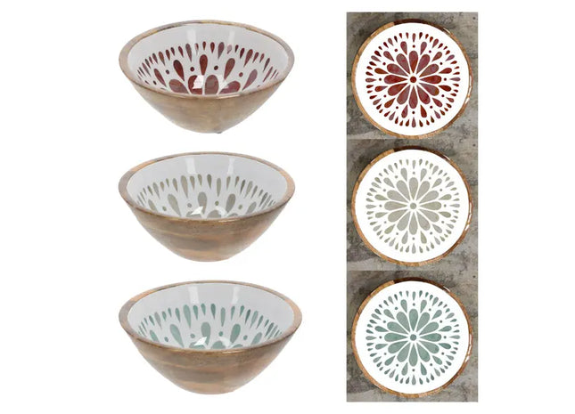3er Set Kleine Mangoholz-Schalen mit Emaille und Mandala, Ø ca. 18cm TK Gruppe® Grosshandel 