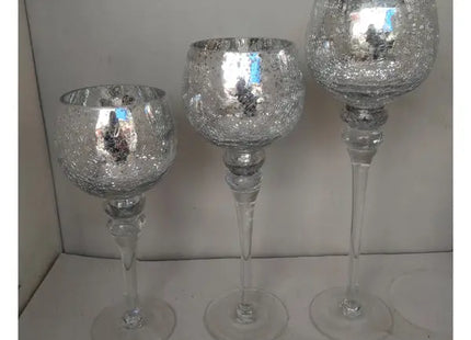 3er Set Silberne Crackle-Windlichter auf Fuß - Dekorative Beleuchtung für Zuhause & Garten TK Gruppe® Grosshandel 