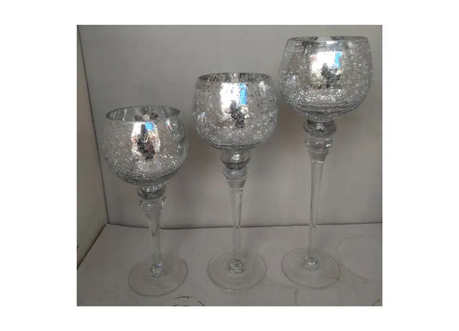 3er Set Silberne Crackle-Windlichter auf Fuß - Dekorative Beleuchtung für Zuhause & Garten TK Gruppe® Grosshandel 