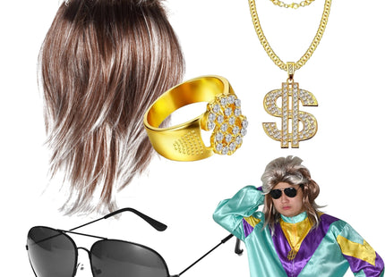 4 in 1 Vokuhila Set mit Assi Perücke, Goldkette, Brille - für Fasching & Karneval für 80er 90er Kostüm