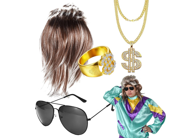 4 in 1 Vokuhila Set mit Assi Perücke, Goldkette, Brille - für Fasching & Karneval für 80er 90er Kostüm