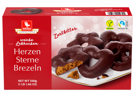 Weiss Lebkuchen Herzen Sterne Brezeln Zartbitter vegan 500g