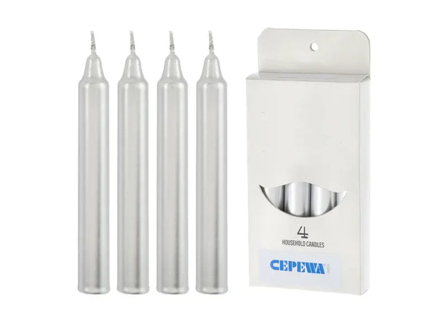 4er-Pack Silberne Metallic-Stabkerzen, 15 cm – Elegantes Kerzen-Set TK Gruppe® Grosshandel 