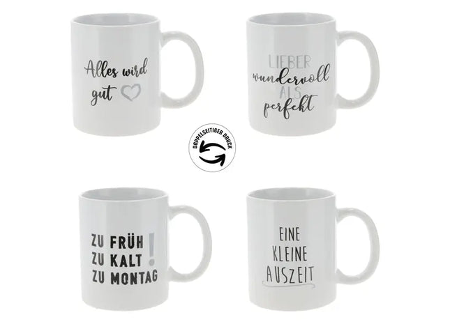 4er Set Becher mit Sprüchen, 9,5 cm Hoch, Lustige Kaffeebecher TK Gruppe® Grosshandel 