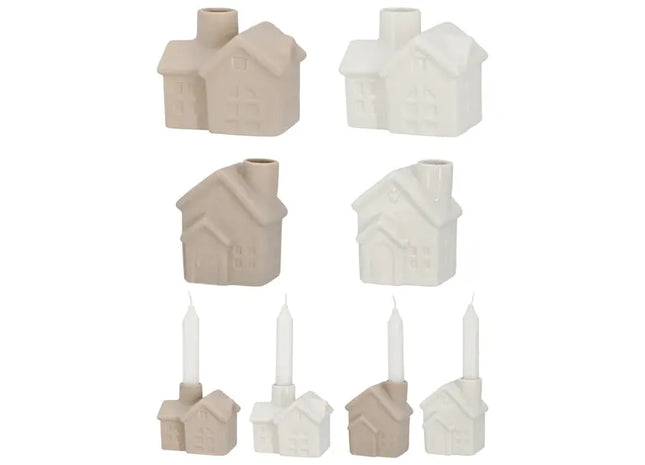4er Set Keramikhaus Kerzenhalter für Stabkerzen, Dekorative Wohnakzente TK Gruppe® Grosshandel 