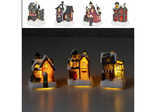 4er Set LED-Winterhäuser, Festliche Miniaturdeko, 6x8 cm TK Gruppe® Grosshandel 