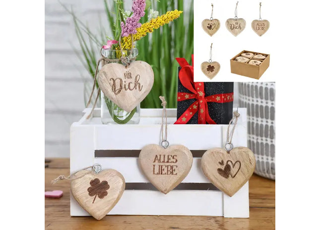 4er Set Mangoholz Herz-Hänger, Durchmesser ca. 6cm - Dekorative Liebesakzente TK Gruppe® Grosshandel 