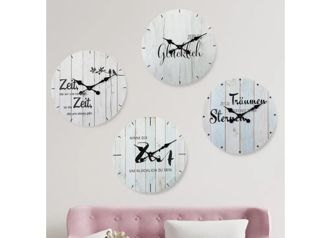 4er-Set Wanduhren mit Sprüchen, 28cm, Verschiedene Designs – Dekorative Uhren TK Gruppe® Grosshandel 
