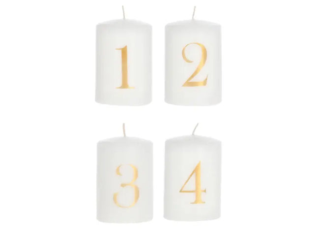 4er Set Weiße Stumpenkerzen mit Goldenen Zahlen 1-4 - Stilvolles Dekor TK Gruppe® Grosshandel 