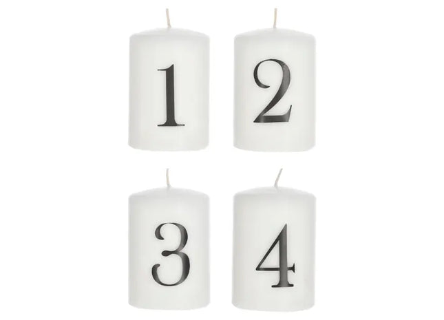 4er Set Weiße Stumpenkerzen mit Schwarzen Zahlen 1-4 - Modernes Design TK Gruppe® Grosshandel 