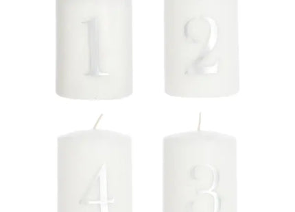 4er Set Weiße Stumpenkerzen mit Silbernen Zahlen 1-4 - Elegantes Kerzenset TK Gruppe® Grosshandel 