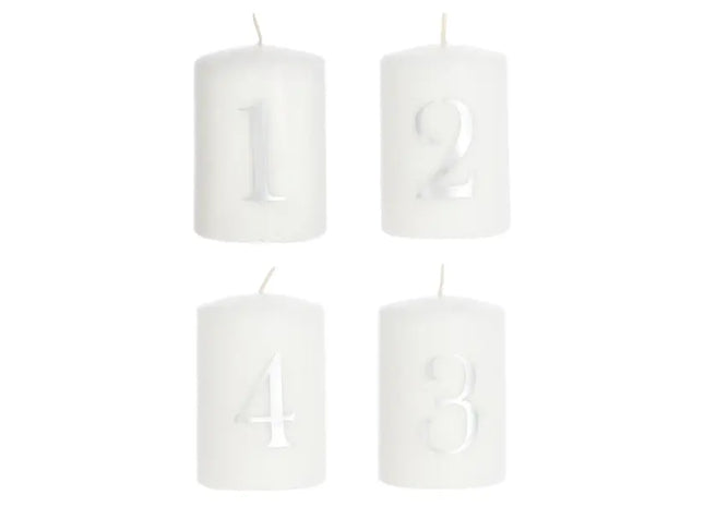 4er Set Weiße Stumpenkerzen mit Silbernen Zahlen 1-4 - Elegantes Kerzenset TK Gruppe® Grosshandel 