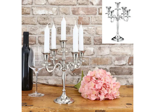 5-armiger Kerzenleuchter, Silber, Ca. 30 cm Hoch - Eleganter Tafelleuchter TK Gruppe® Grosshandel 