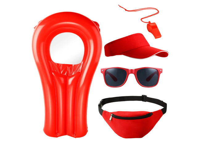 5 in 1 Lifeguard Set Fasching Kostüm Karneval Verkleidung Rettungschwimmer Bademeister Boje Rettungsring Rettungsbrett Schwimmboje wie Baywatch Herren
