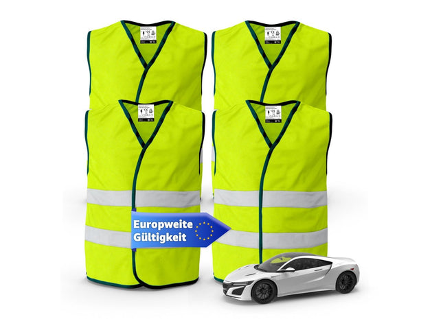 4X Warnwesten EN ISO 20471 - Pannenweste 2023 Unfallweste Sicherheitsweste PKW Weste Neongelb reflektierend Auto, Pkw, LKW (4X Stück)