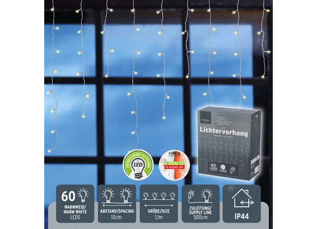 60 LED Lichtervorhang, ca. 110cm Breit, Stimmungsvolle Beleuchtung TK Gruppe® Grosshandel 