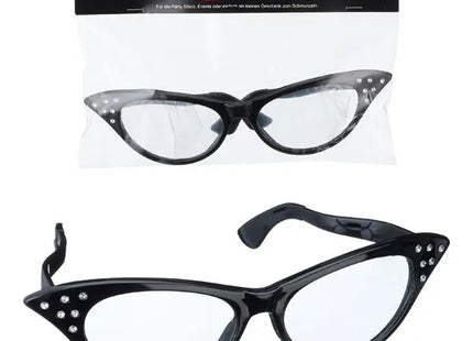 60er Jahre Partybrille, Schwarz mit Strass, Retro-Accessoire für Kostümpartys TK Gruppe® Grosshandel 
