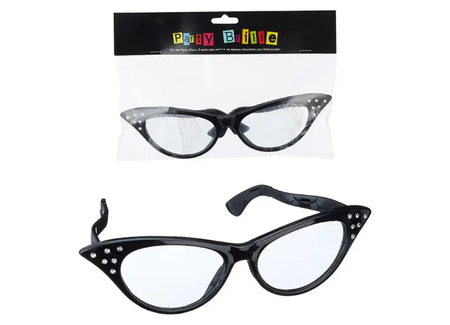 60er Jahre Partybrille, Schwarz mit Strass, Retro-Accessoire für Kostümpartys TK Gruppe® Grosshandel 